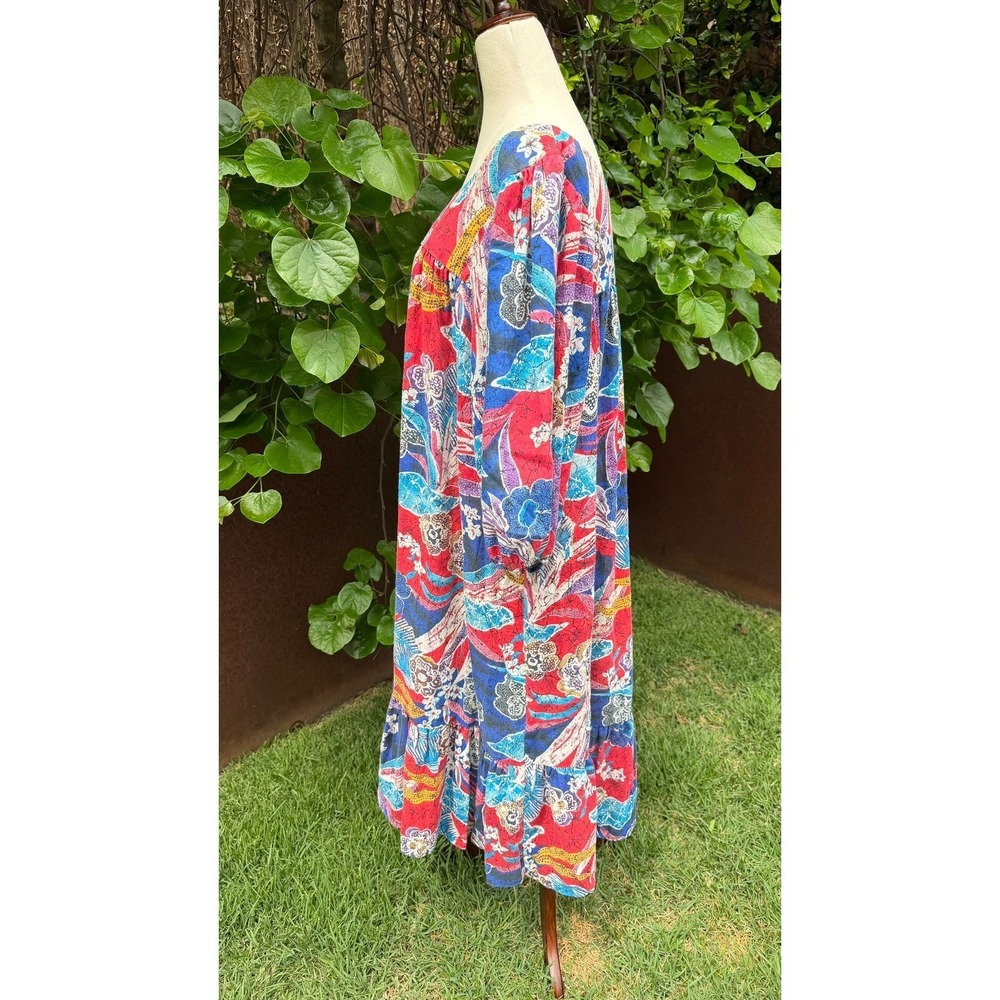 Vtg 80s California Dynasty Batik Floral Peasant Midi Dress Balloon Sleeve Boho - Picture 4 of 8